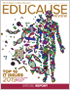教育评论特别报告封面图像 - 由偶极符号，毕业帽，分子模型，条形图等的标志性图像组成的人体组成的图像