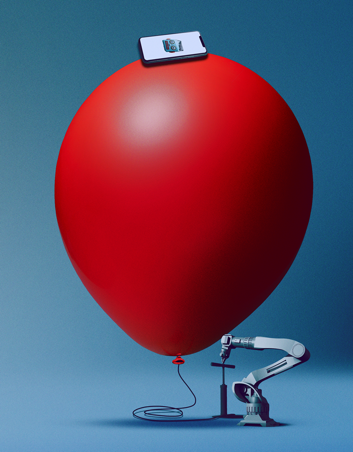 红气球用手机和机器人气泵